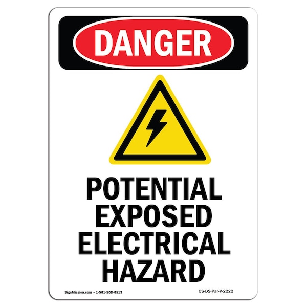 Safety Sign, OSHA Danger, 5" Height, Potential Exposed, Portrait, 10PK